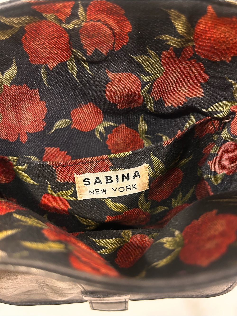 VINTAGE Sabina New York Floral Lined Black Leather Handbag